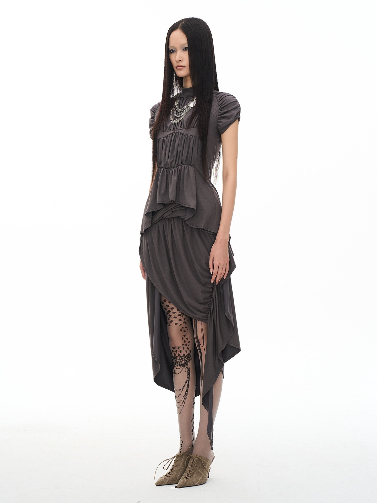 popoop Dark Gray Medieval Pleated Mock Neck Cinched Waist Women&