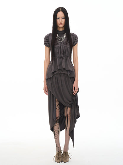 popoop Dark Gray Medieval Pleated Mock Neck Cinched Waist Women&