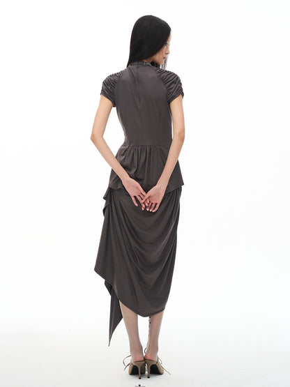 popoop Dark Gray Medieval Pleated Mock Neck Cinched Waist Women&