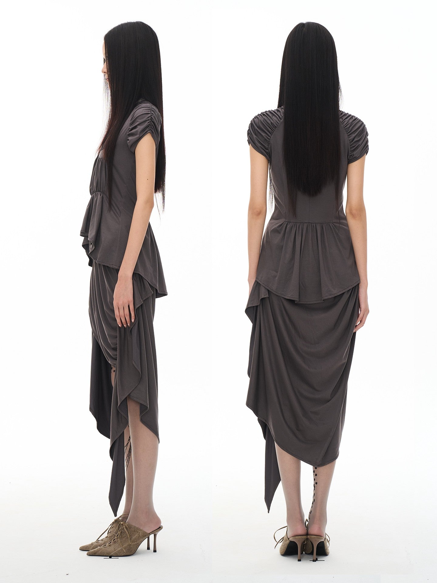 popoop Dark Gray Medieval Pleated Mock Neck Cinched Waist Women&