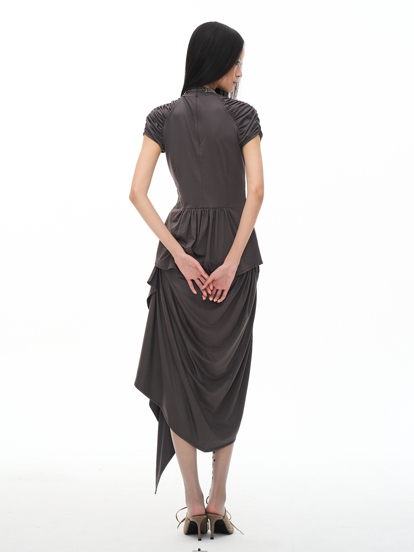 popoop Dark Gray Medieval Pleated Mock Neck Cinched Waist Women&