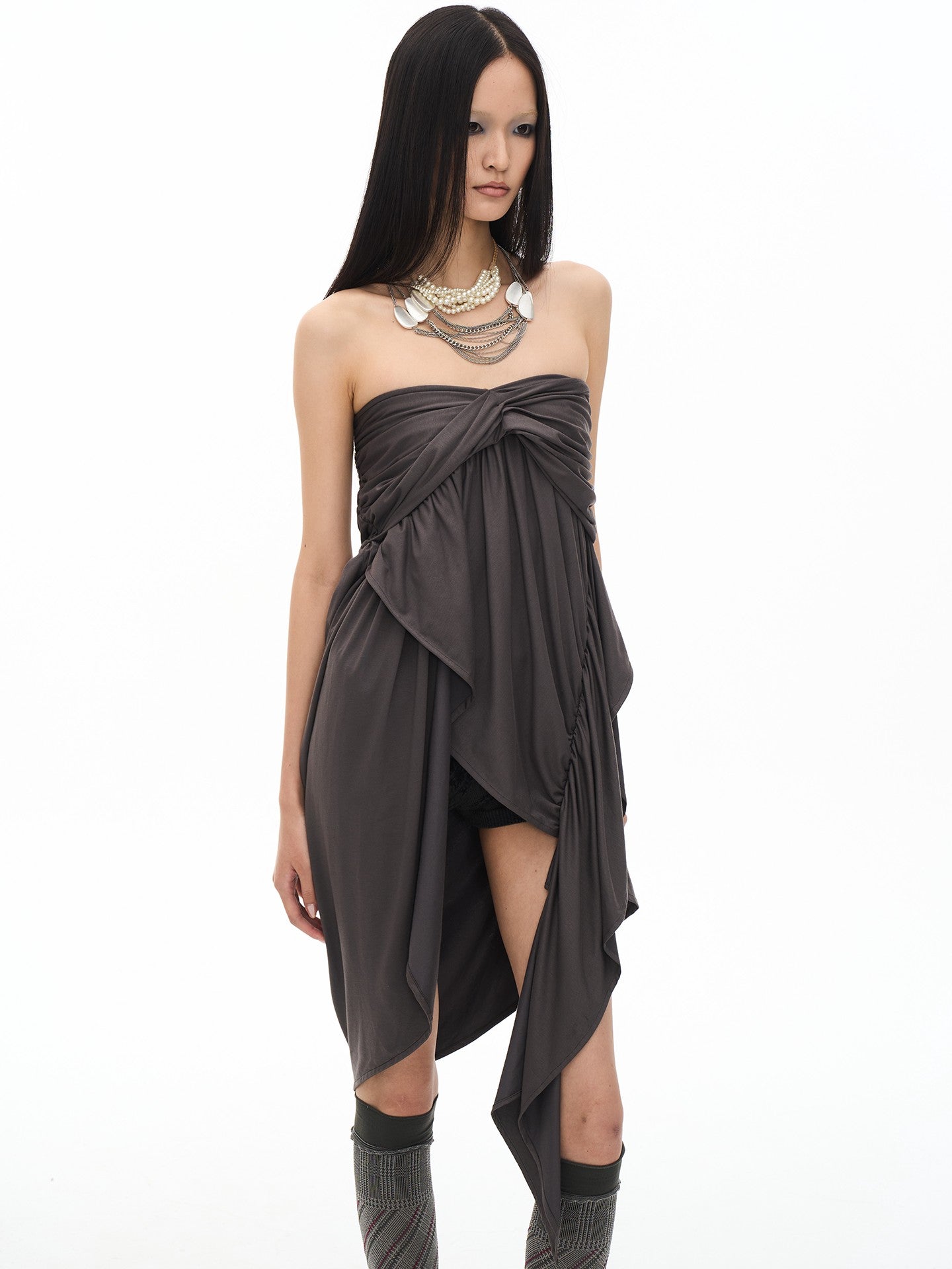popoop Dark Gray Pleated Asymmetric Convertible Women&