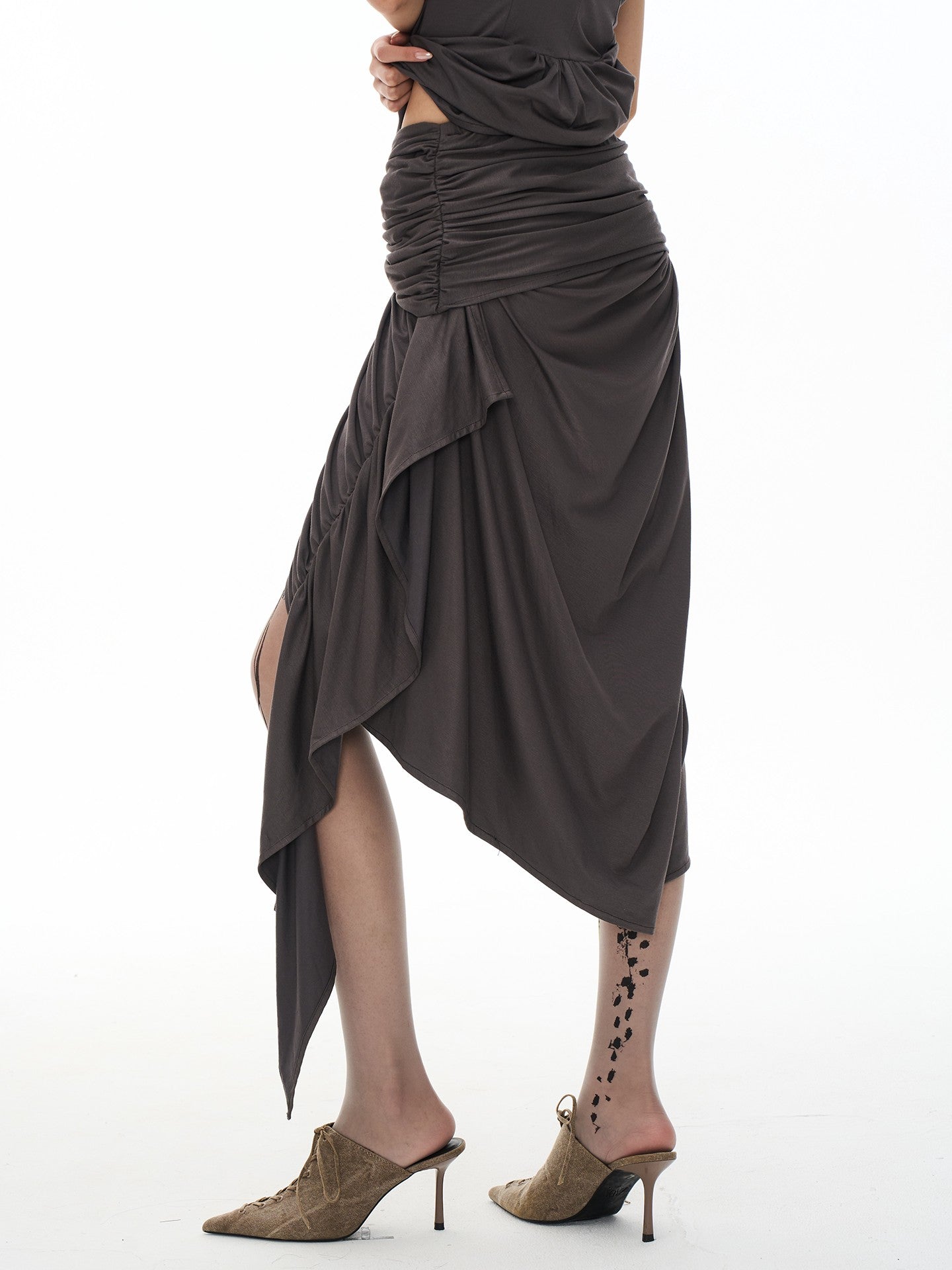 popoop Dark Gray Pleated Asymmetric Convertible Women&