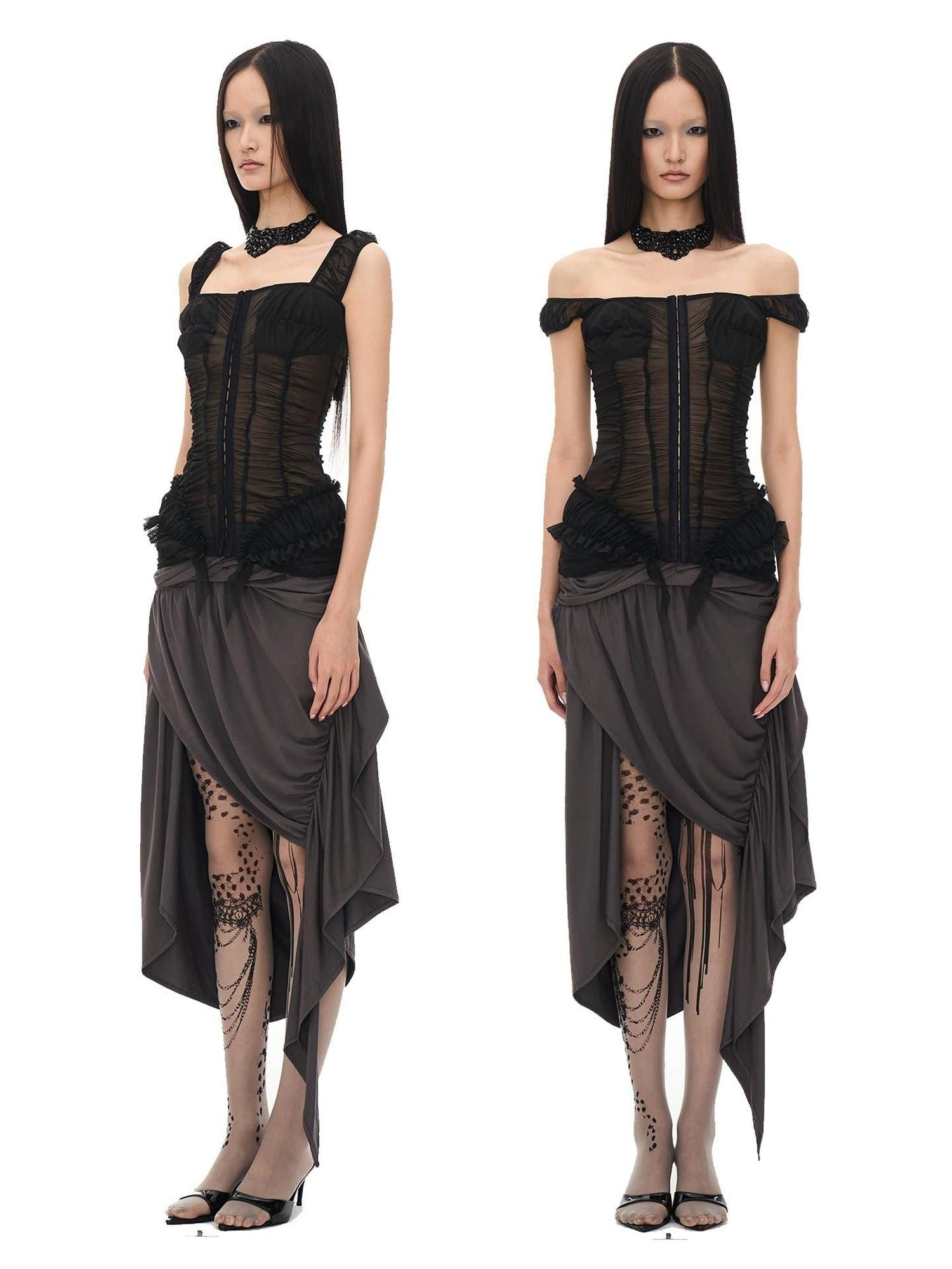 popoop Dark Gray Pleated Asymmetric Convertible Women&