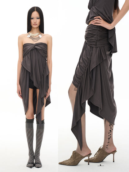 popoop Dark Gray Pleated Asymmetric Convertible Women&