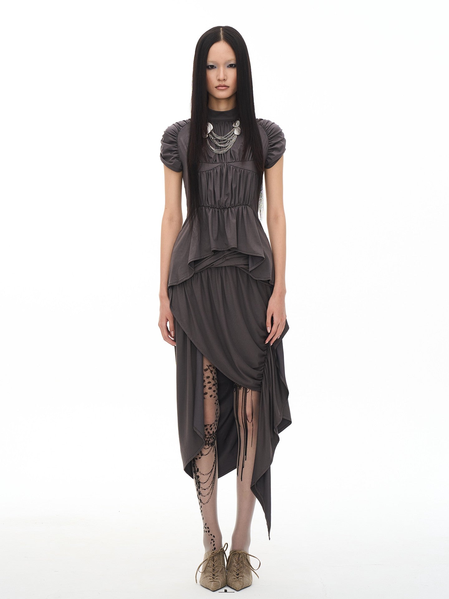 popoop Dark Gray Pleated Asymmetric Convertible Women&