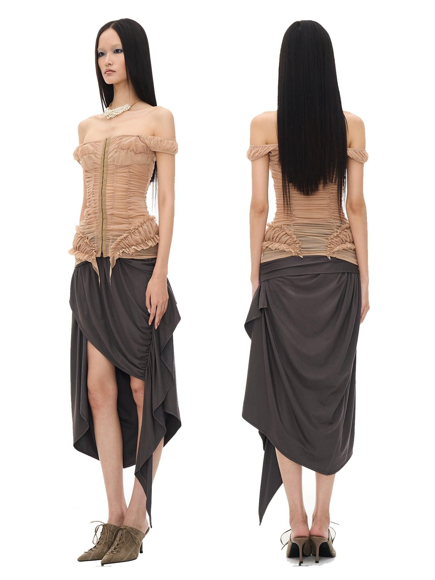 popoop Dark Gray Pleated Asymmetric Convertible Women&