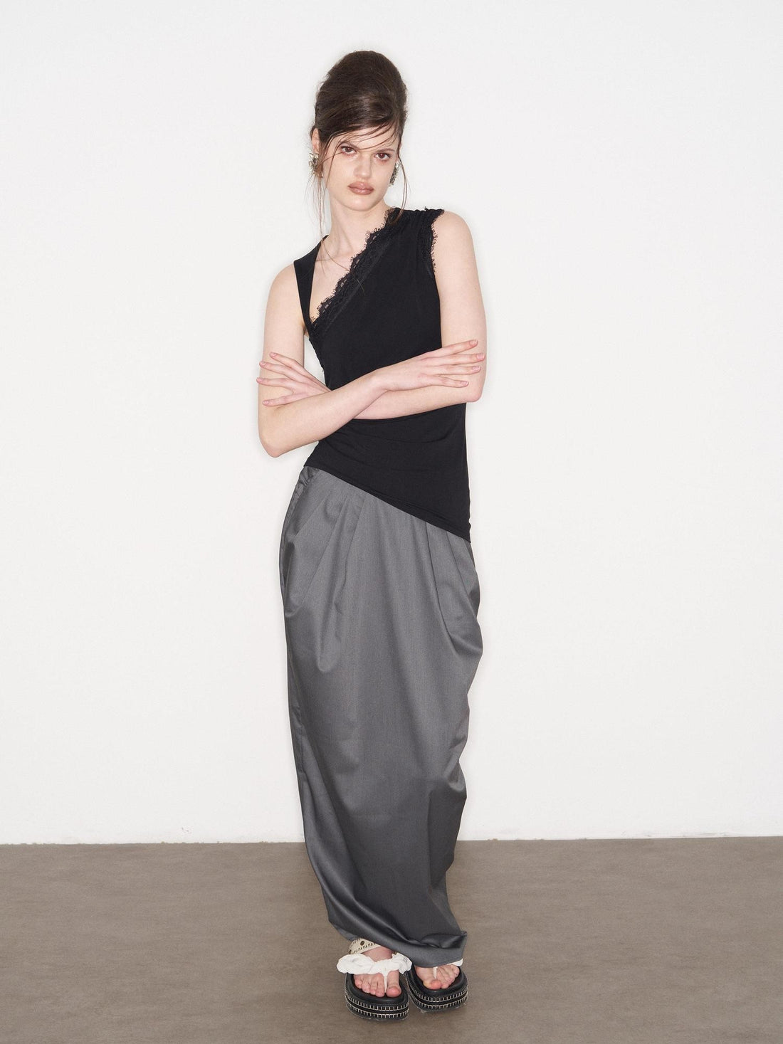 popoop Dark Gray Pleated Drapey Layered Floor Length Women&