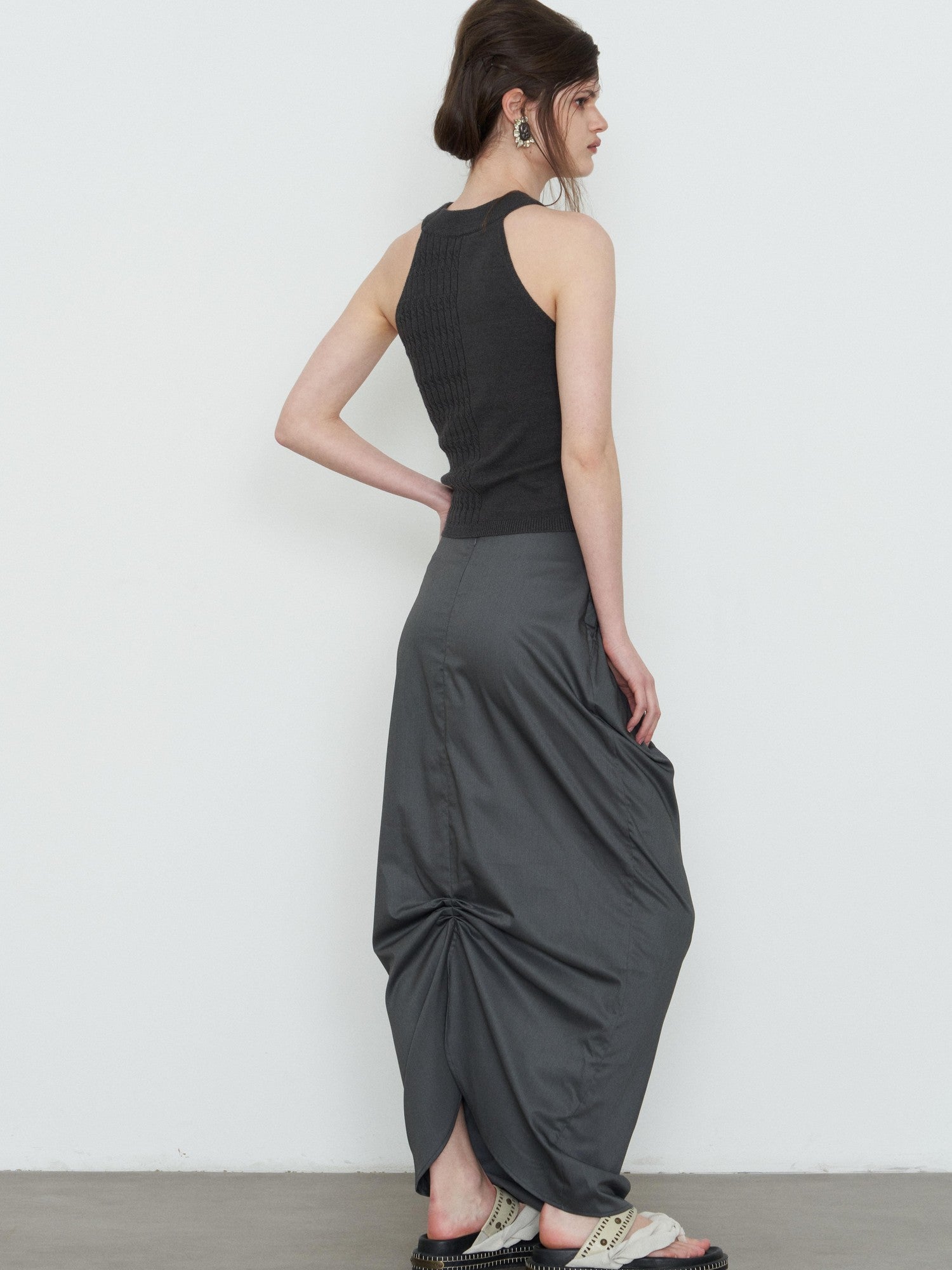popoop Dark Gray Pleated Drapey Layered Floor Length Women&