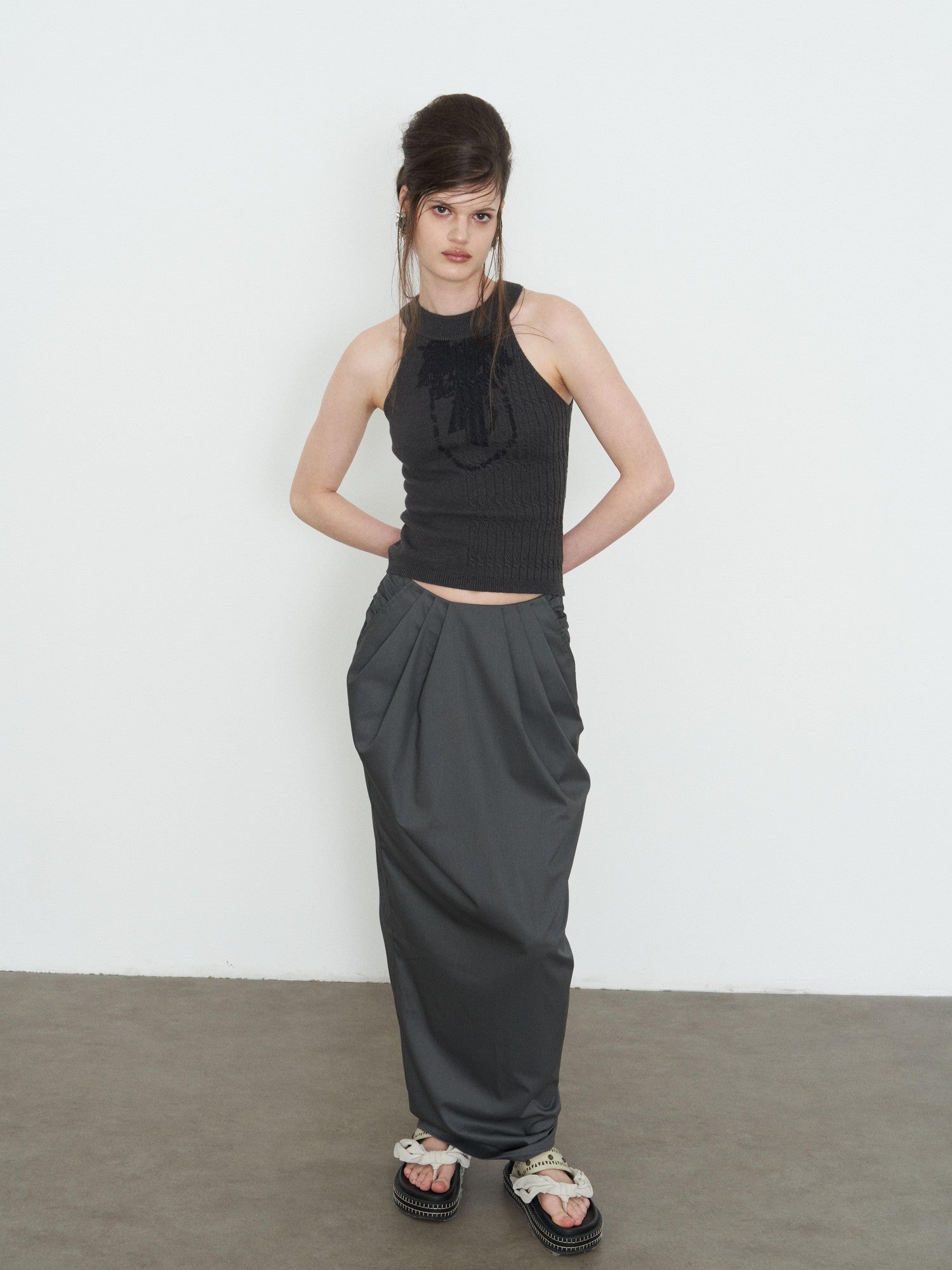 popoop Dark Gray Pleated Drapey Layered Floor Length Women&