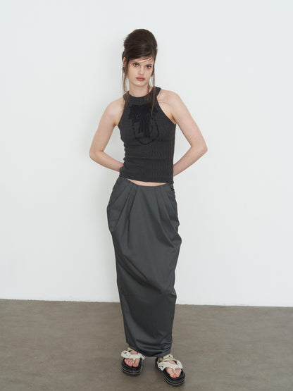 popoop Dark Gray Pleated Drapey Layered Floor Length Women&