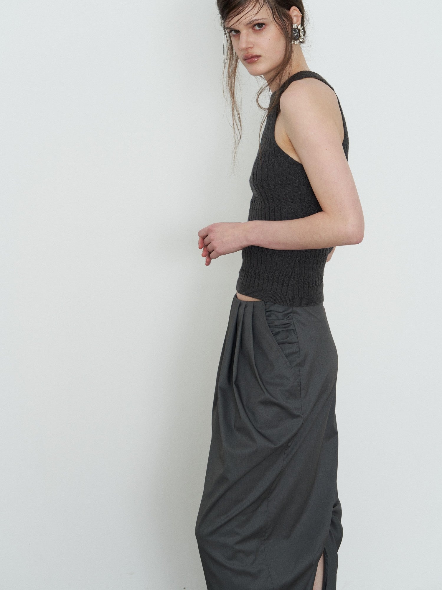popoop Dark Gray Pleated Drapey Layered Floor Length Women&