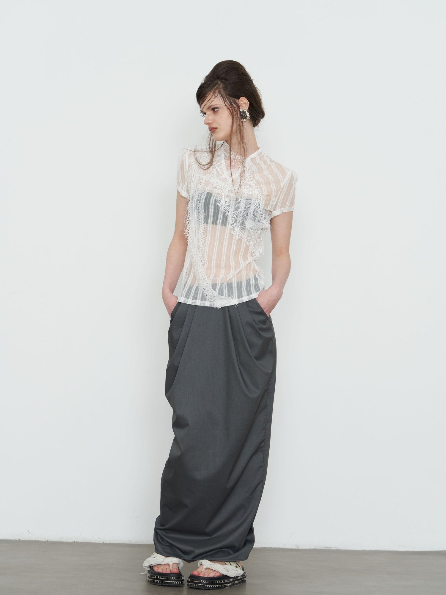 popoop Dark Gray Pleated Drapey Layered Floor Length Women&