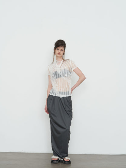 popoop Dark Gray Pleated Drapey Layered Floor Length Women&