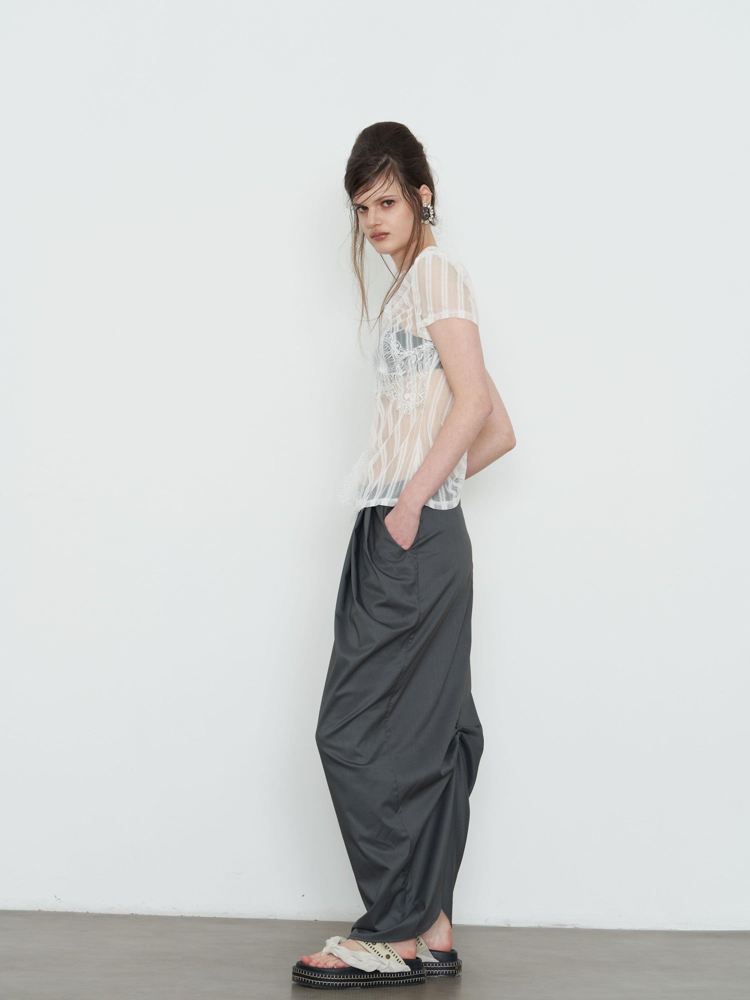 popoop Dark Gray Pleated Drapey Layered Floor Length Women&