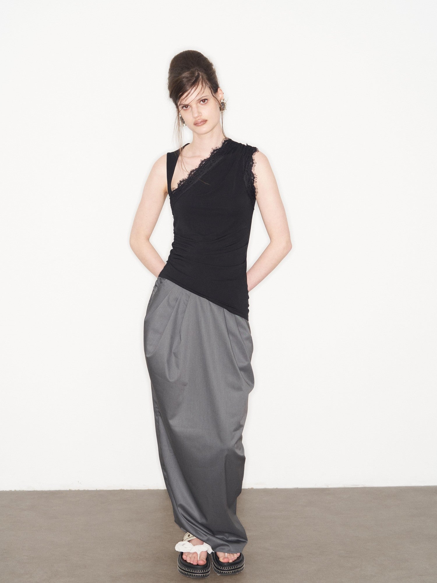 popoop Dark Gray Pleated Drapey Layered Floor Length Women&
