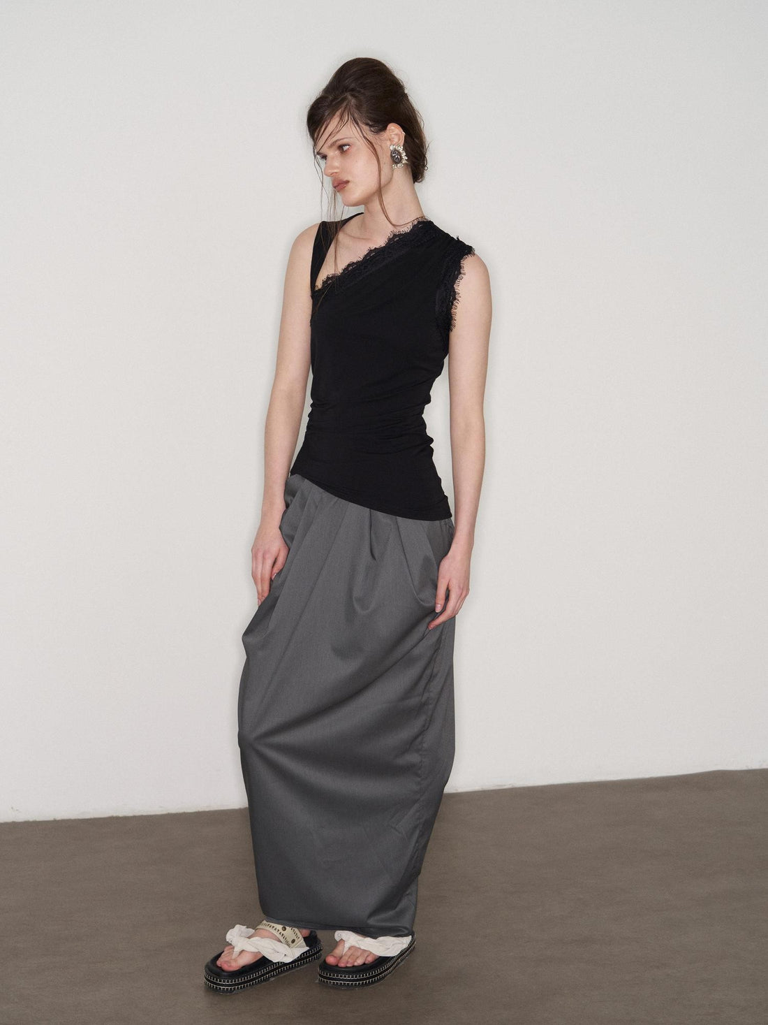 popoop Dark Gray Pleated Drapey Layered Floor Length Women&