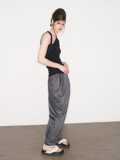 popoop Dark Gray Pleated Drapey Layered Floor Length Women&