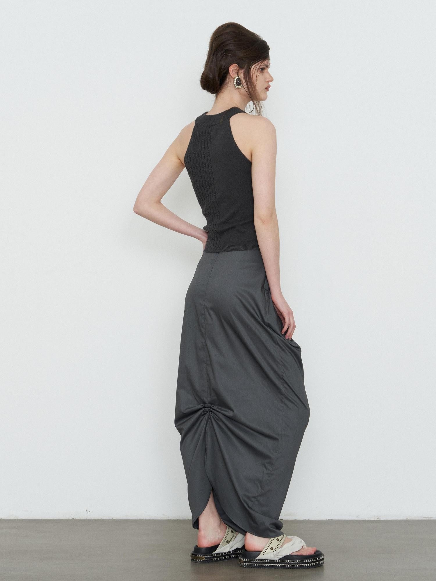popoop Dark Gray Pleated Drapey Layered Floor Length Women&
