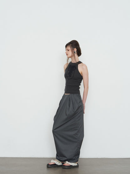 popoop Dark Gray Pleated Drapey Layered Floor Length Women&