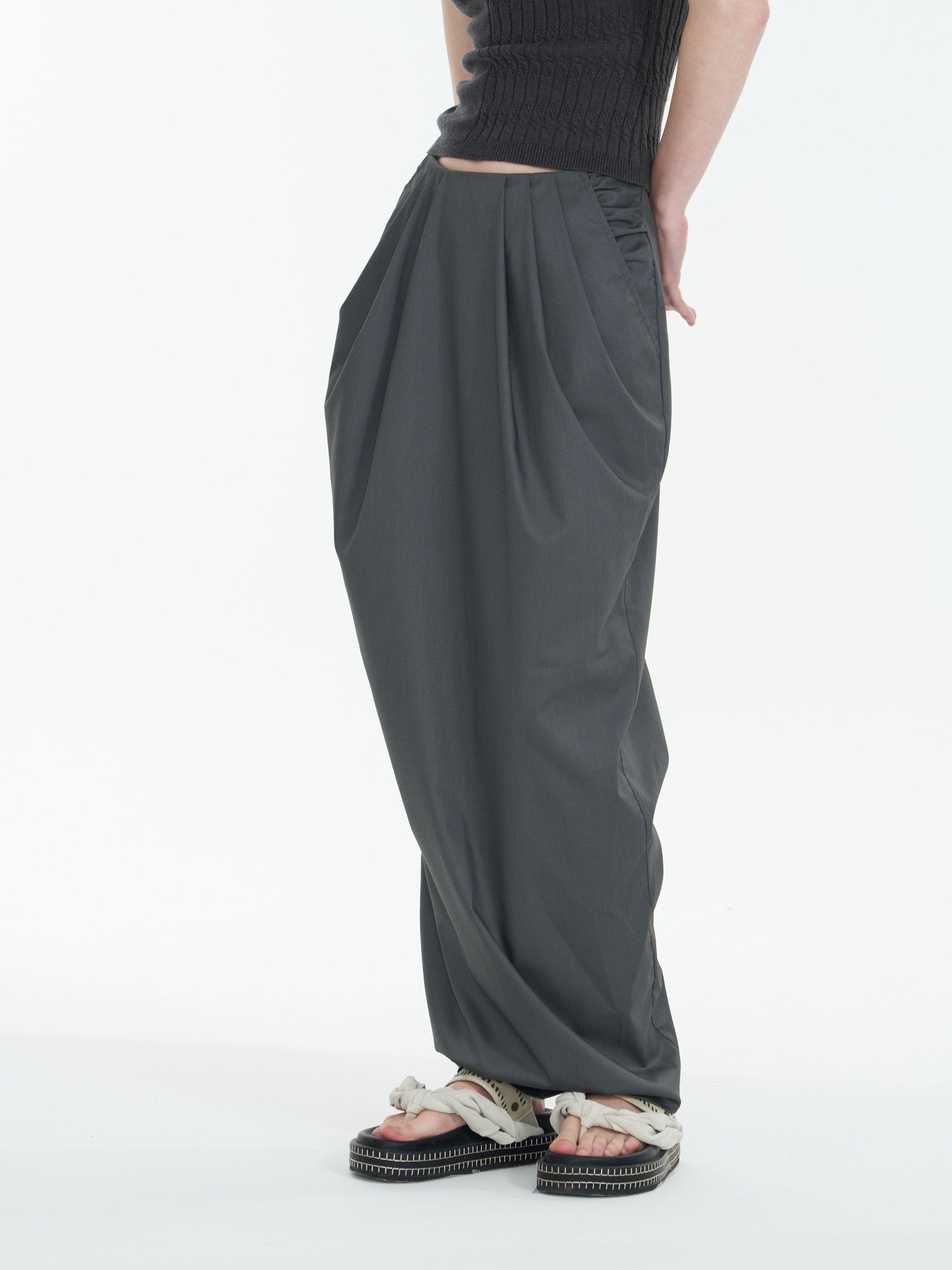 popoop Dark Gray Pleated Drapey Layered Floor Length Women&