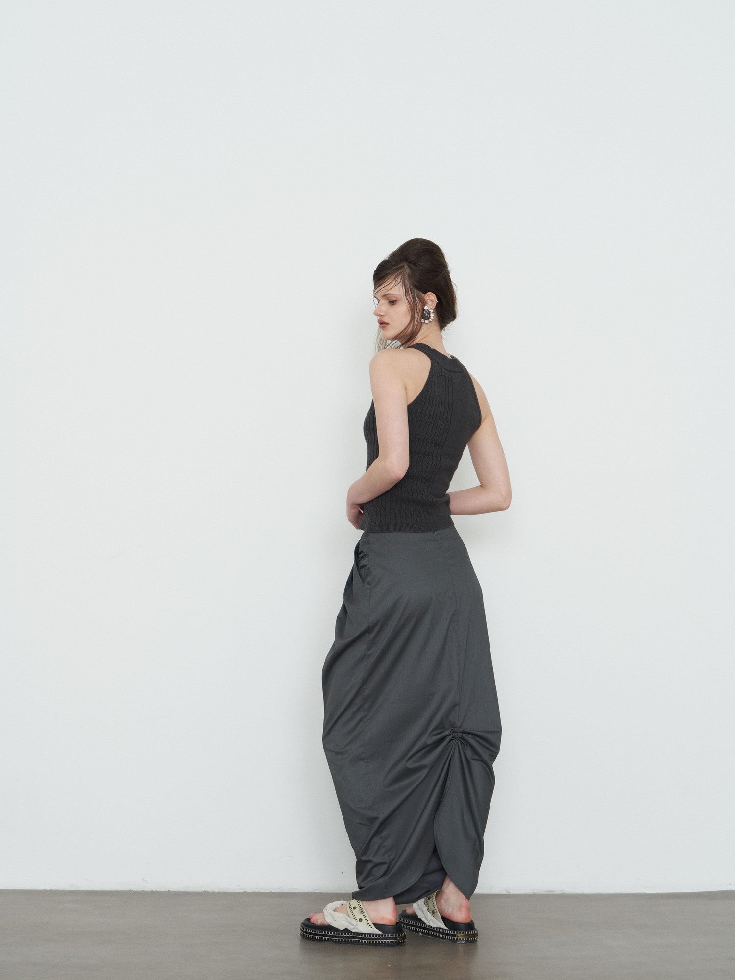 popoop Dark Gray Pleated Drapey Layered Floor Length Women&