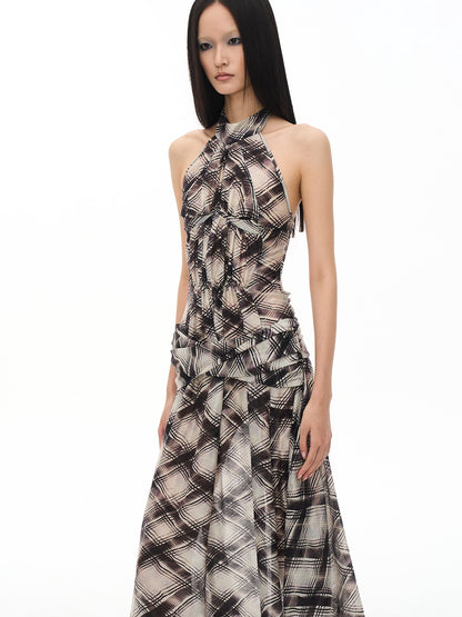 popoop Dark Purple Irregular Check Backless Ruched Women&