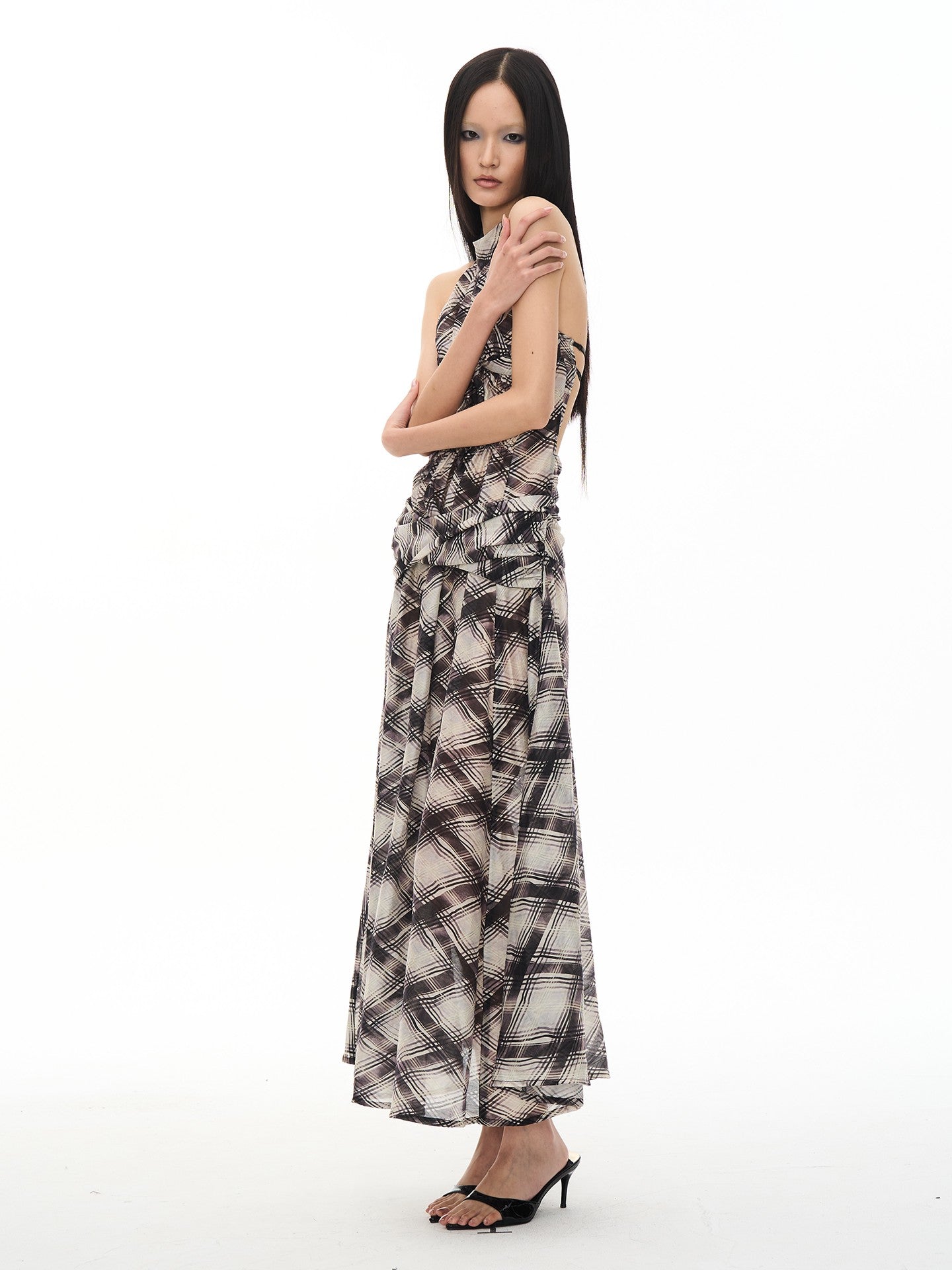 popoop Dark Purple Irregular Check Backless Ruched Women&