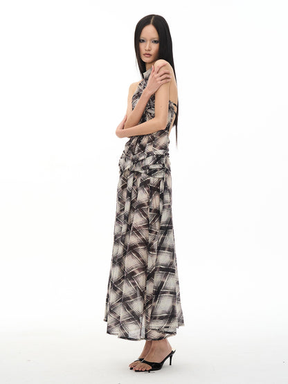 popoop Dark Purple Irregular Check Backless Ruched Women&