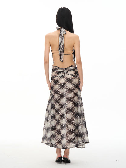 popoop Dark Purple Irregular Check Backless Ruched Women&