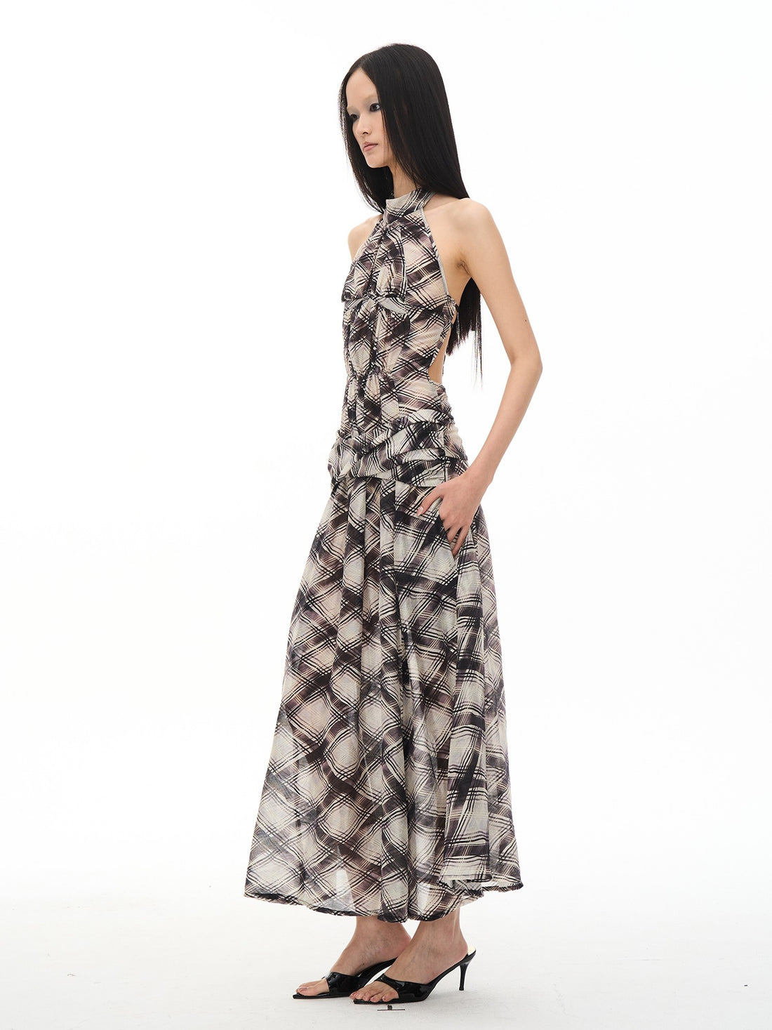 popoop Dark Purple Irregular Check Backless Ruched Women&