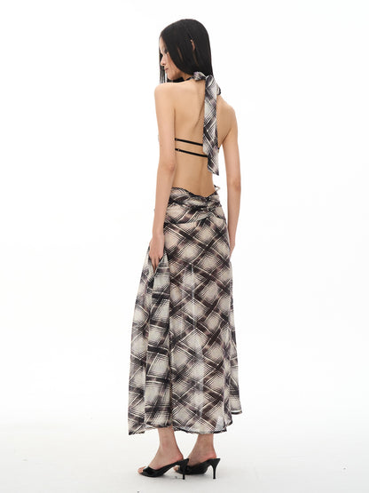 popoop Dark Purple Irregular Check Backless Ruched Women&