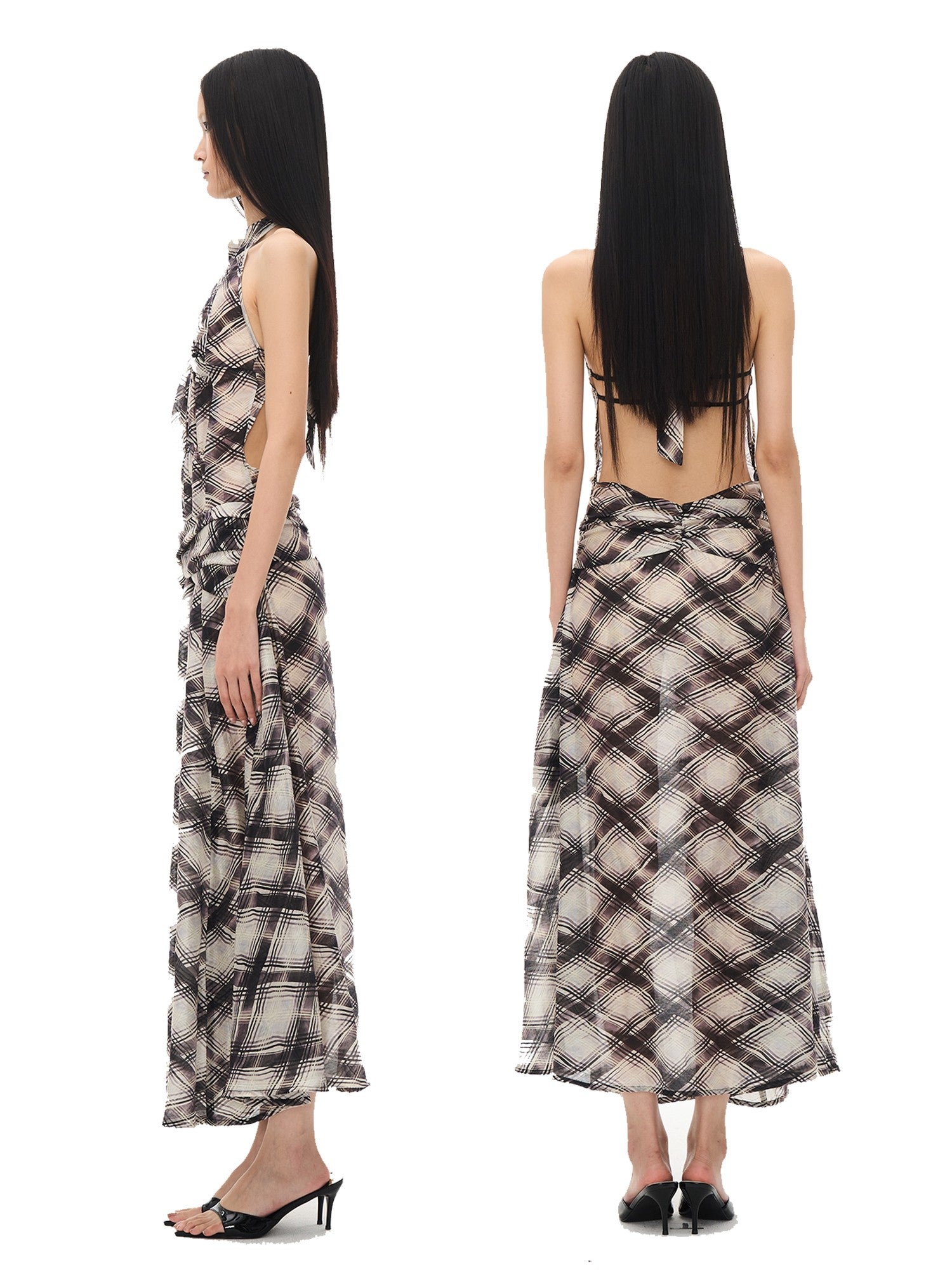 popoop Dark Purple Irregular Check Backless Ruched Women&