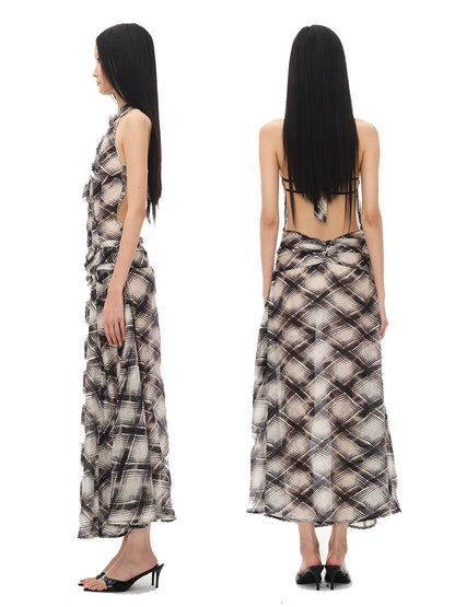 popoop Dark Purple Irregular Check Backless Ruched Women&