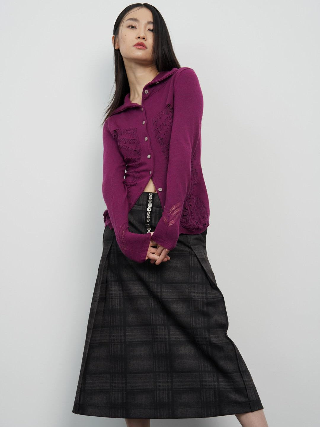 popoop Deep Plum Openwork High Neck Women&
