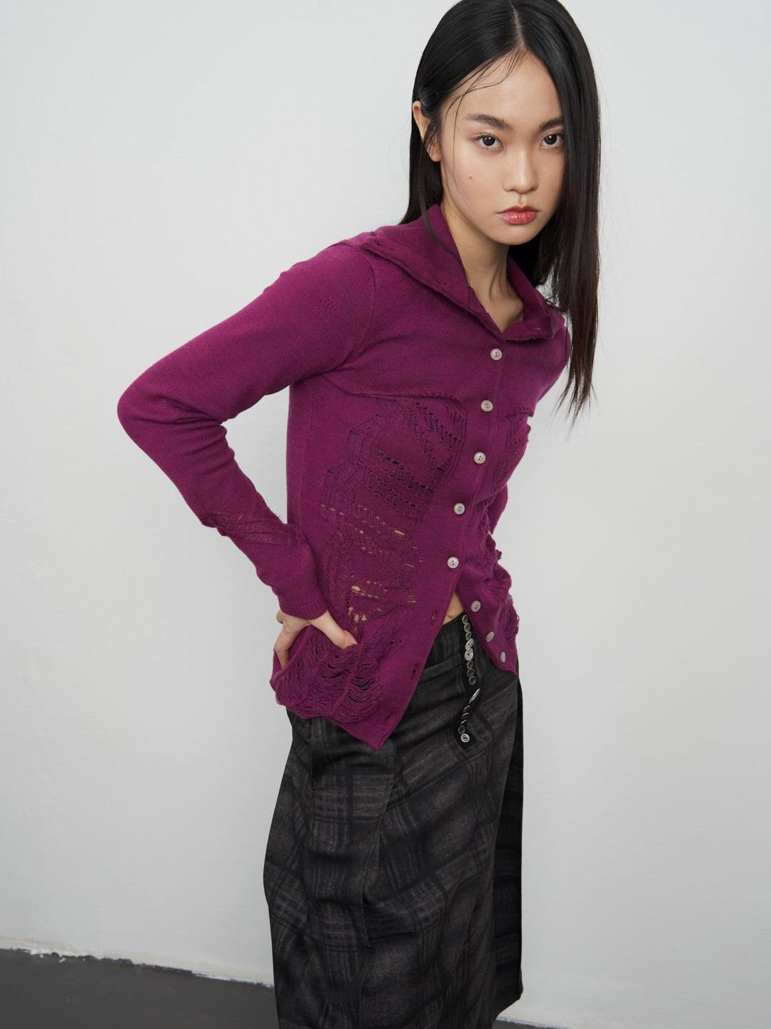 popoop Deep Plum Openwork High Neck Women&