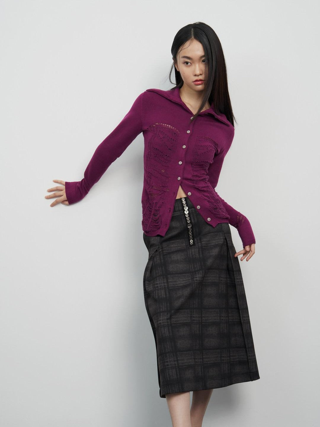 popoop Deep Plum Openwork High Neck Women&