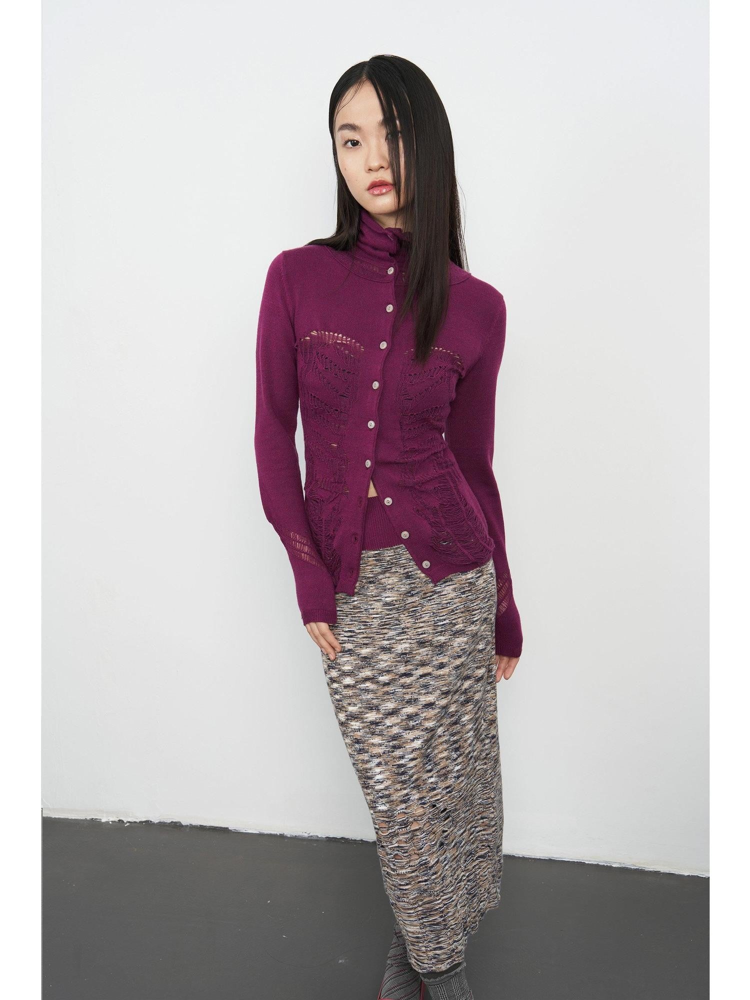 popoop Deep Plum Openwork High Neck Women&