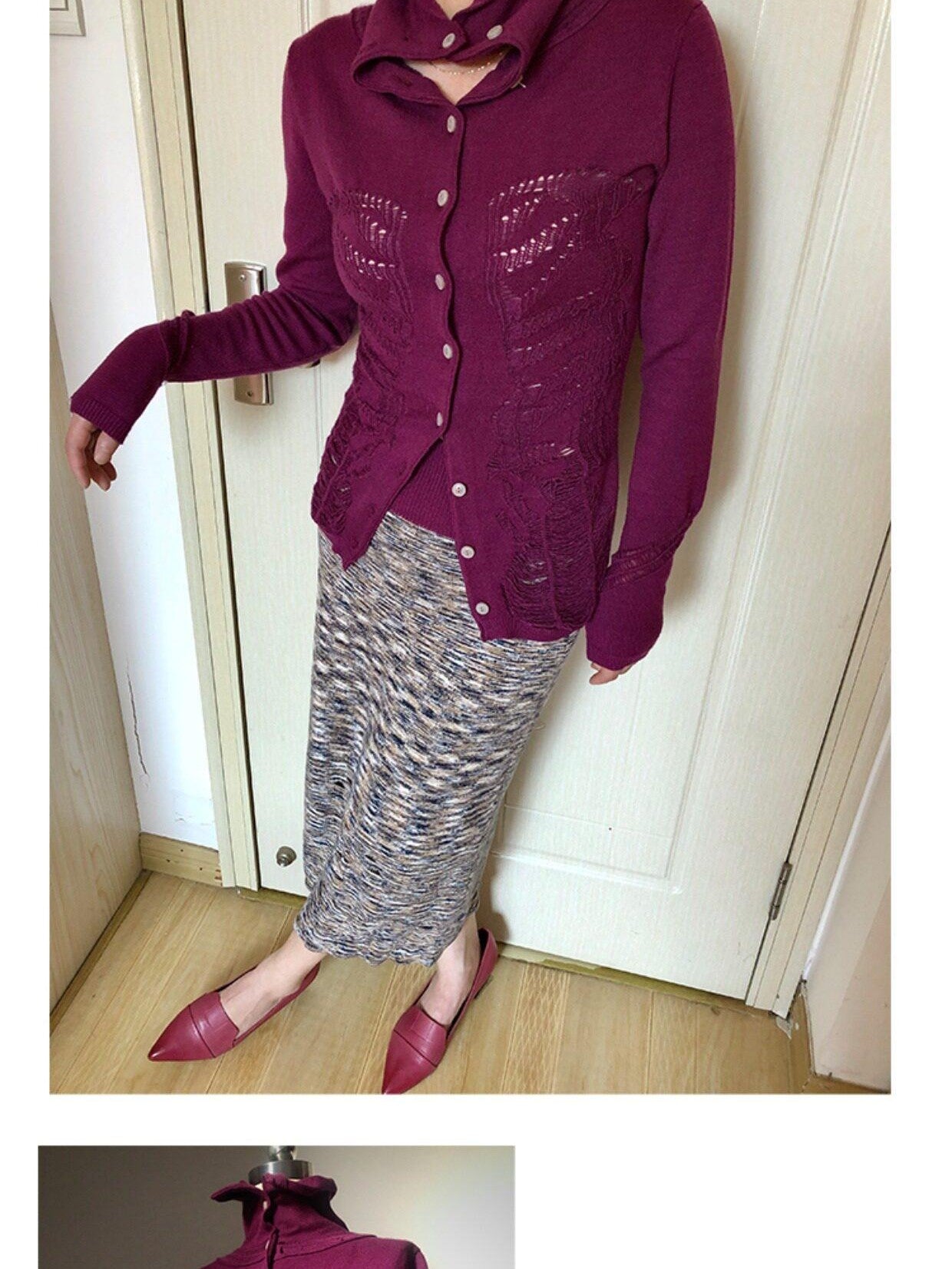 popoop Deep Plum Openwork High Neck Women&