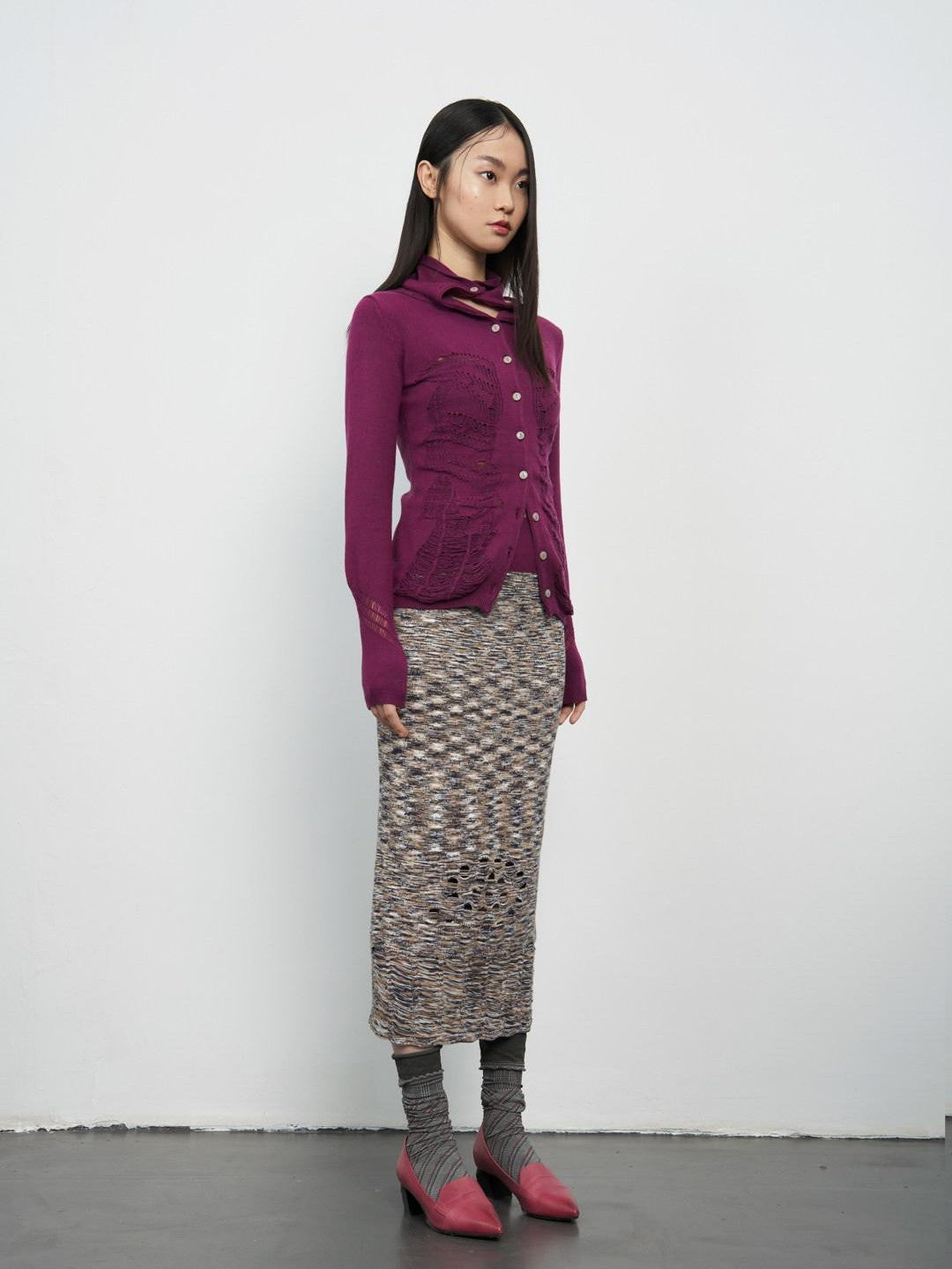 popoop Deep Plum Openwork High Neck Women&