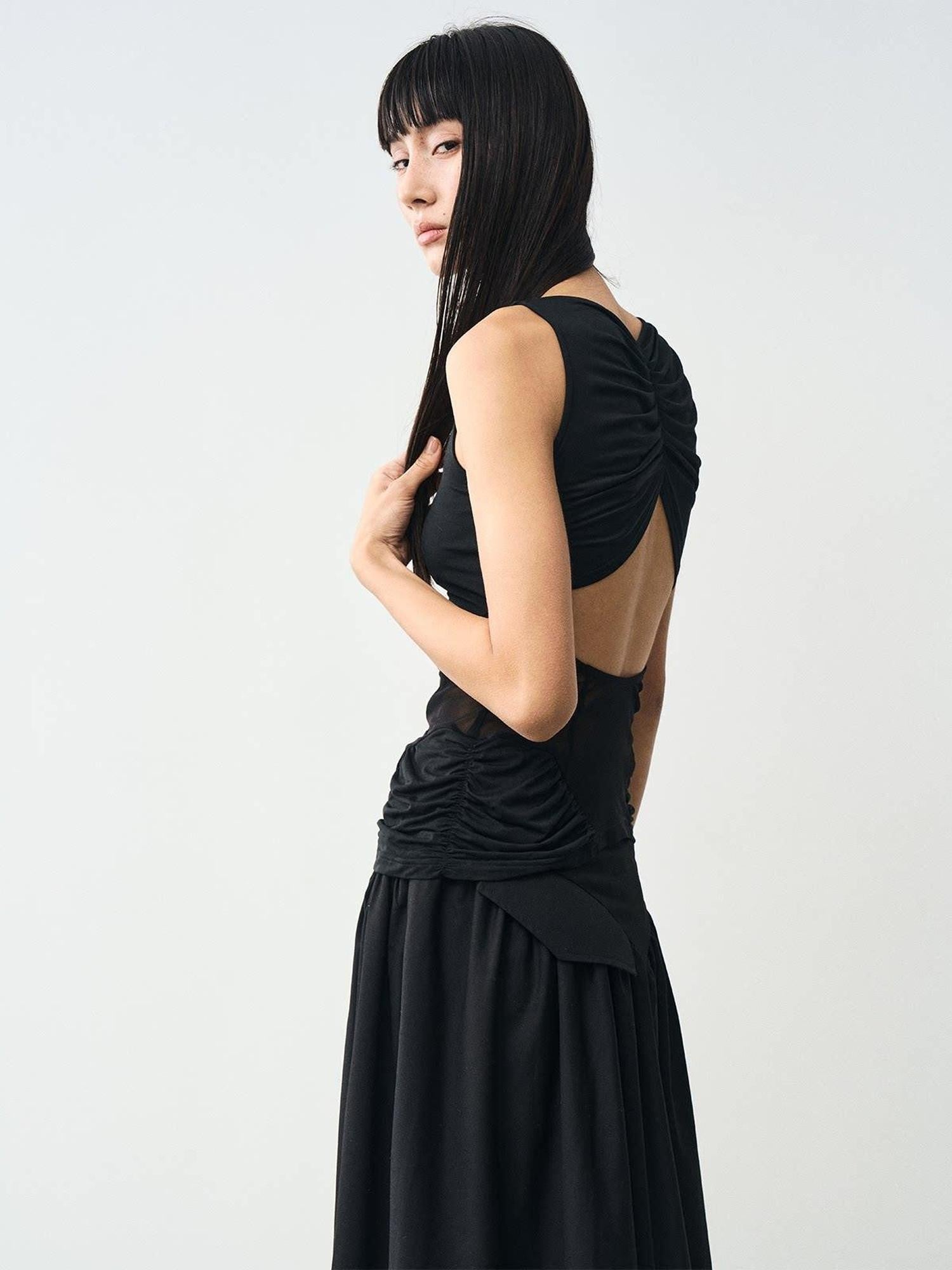 popoop Designer Spliced Panel Ruched Open Back Women&