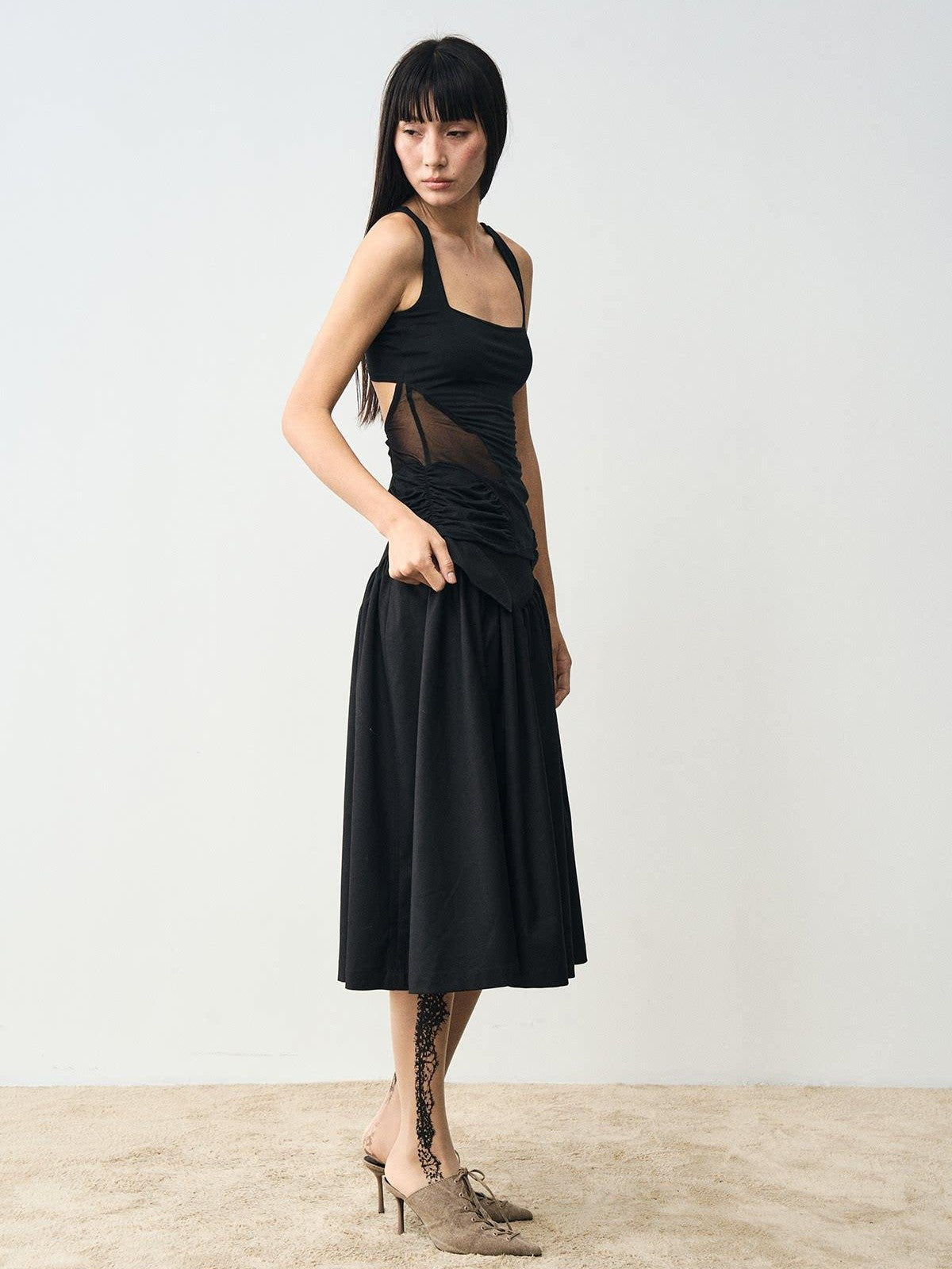 popoop Designer Spliced Panel Ruched Open Back Women&