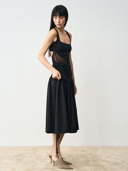 popoop Designer Spliced Panel Ruched Open Back Women&