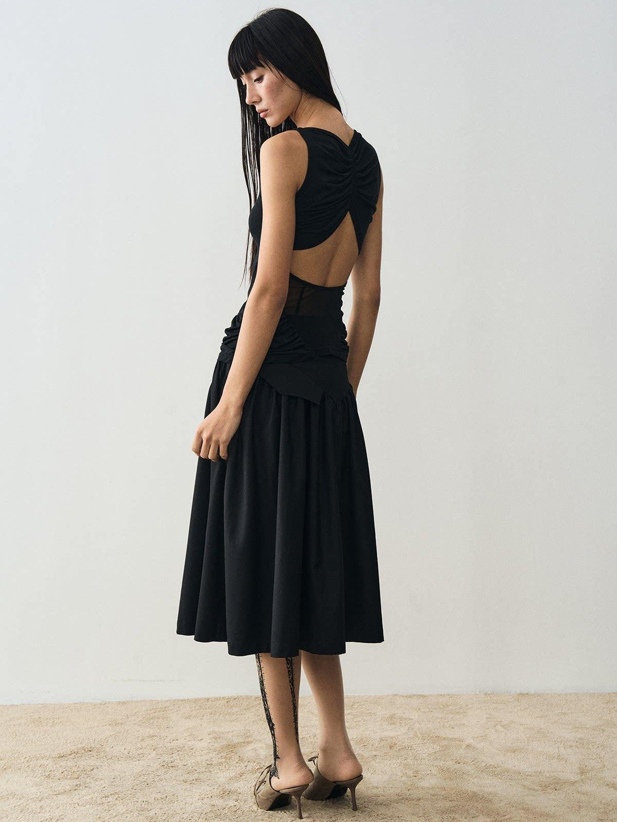 popoop Designer Spliced Panel Ruched Open Back Women&