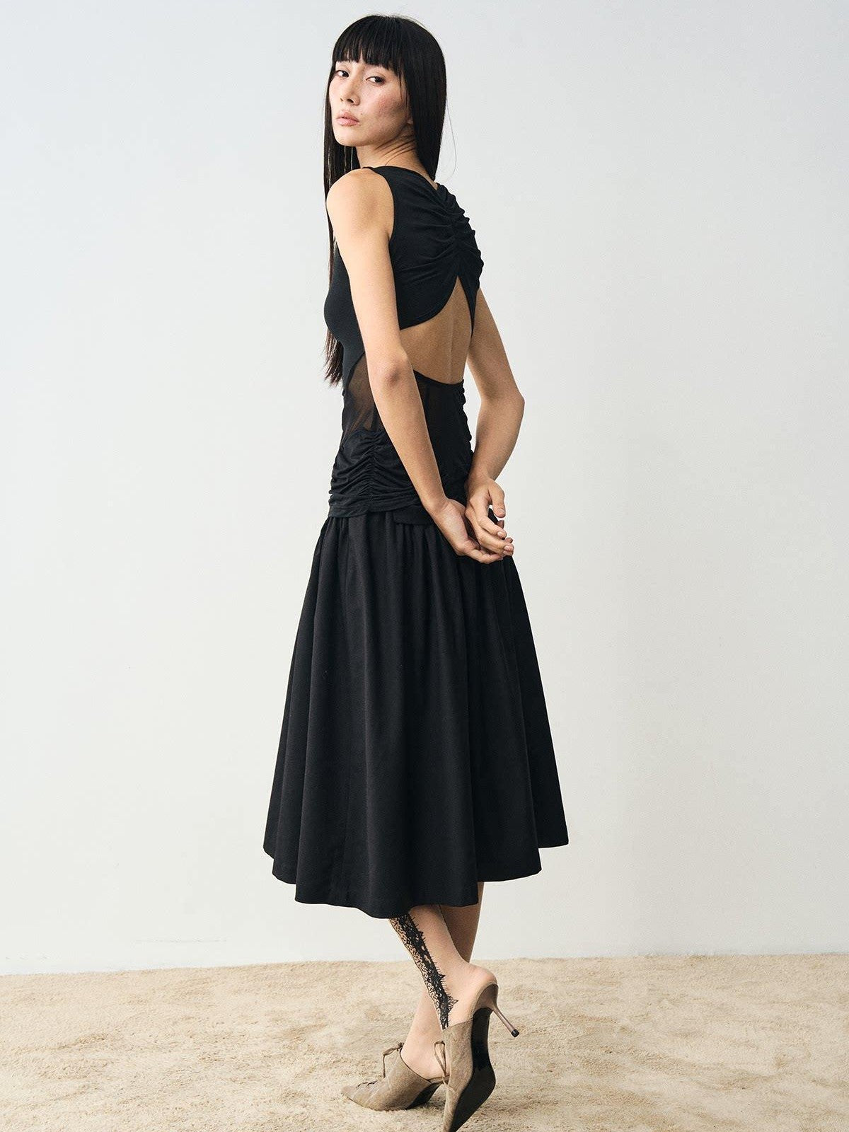 popoop Designer Spliced Panel Ruched Open Back Women&