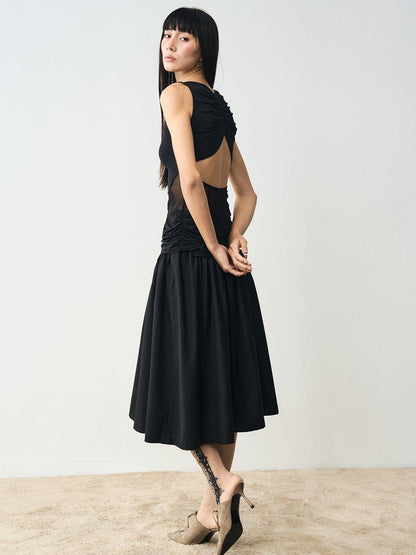 popoop Designer Spliced Panel Ruched Open Back Women&