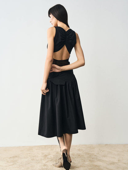 popoop Designer Spliced Panel Ruched Open Back Women&