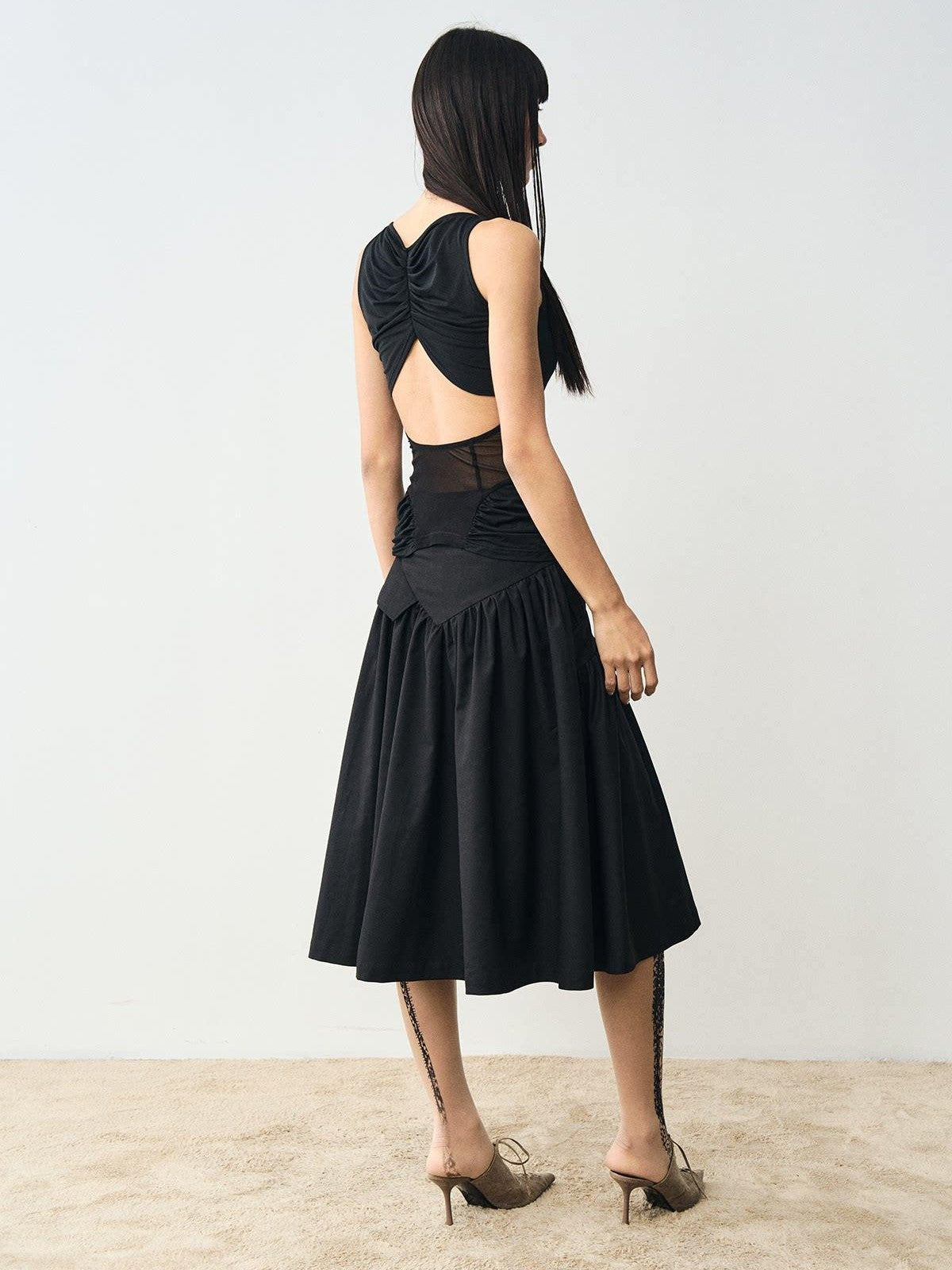 popoop Designer Spliced Panel Ruched Open Back Women&