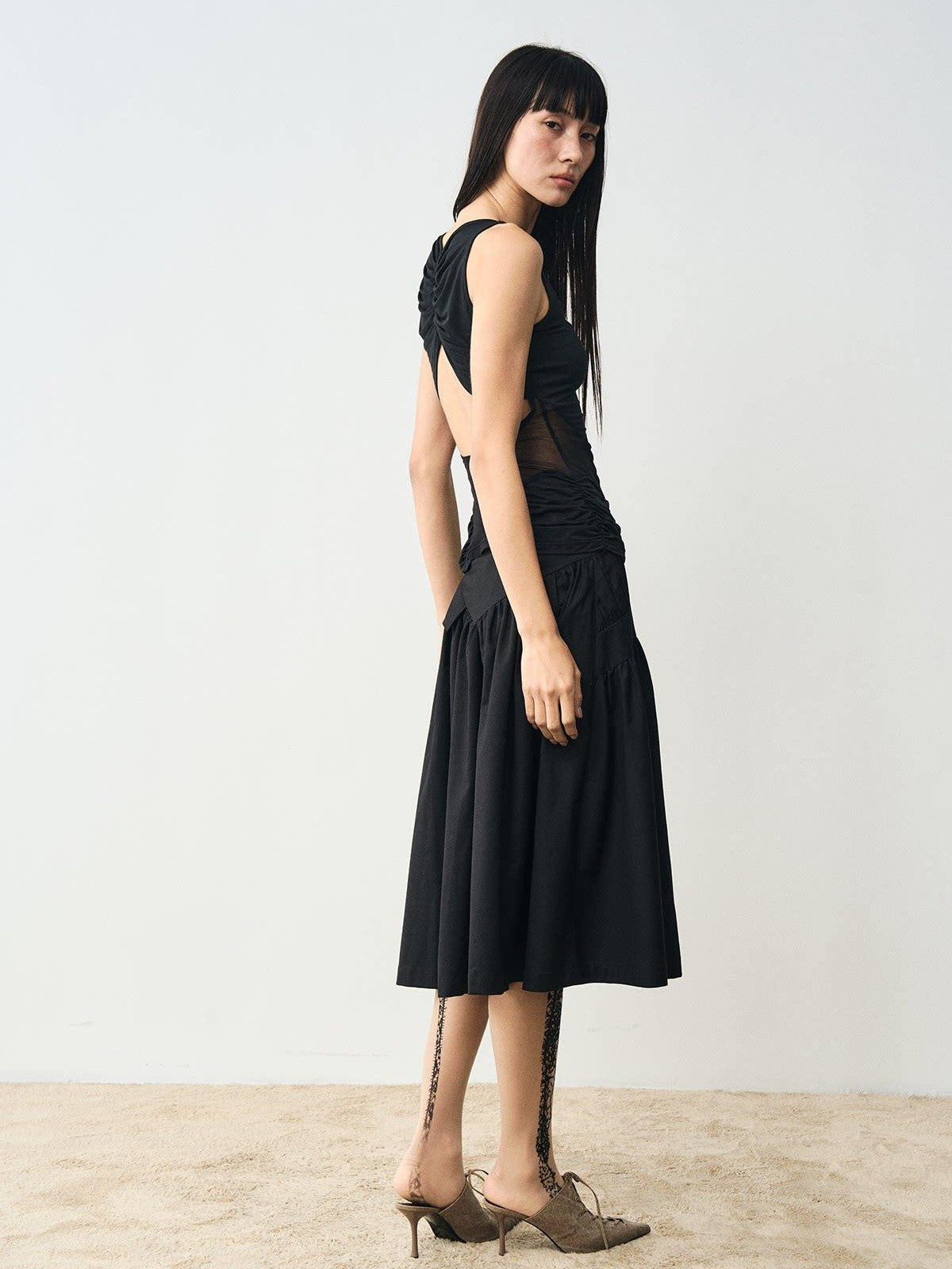 popoop Designer Spliced Panel Ruched Open Back Women&
