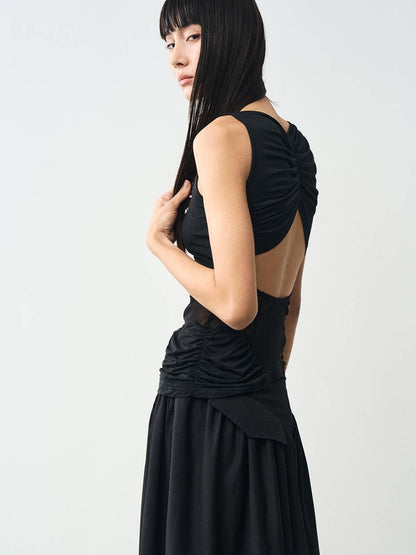 popoop Designer Spliced Panel Ruched Open Back Women&